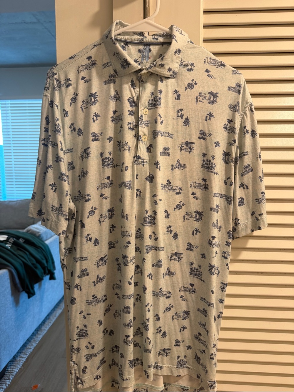 johnnie-O Beige Short Sleeve Polo with Navy Island Print